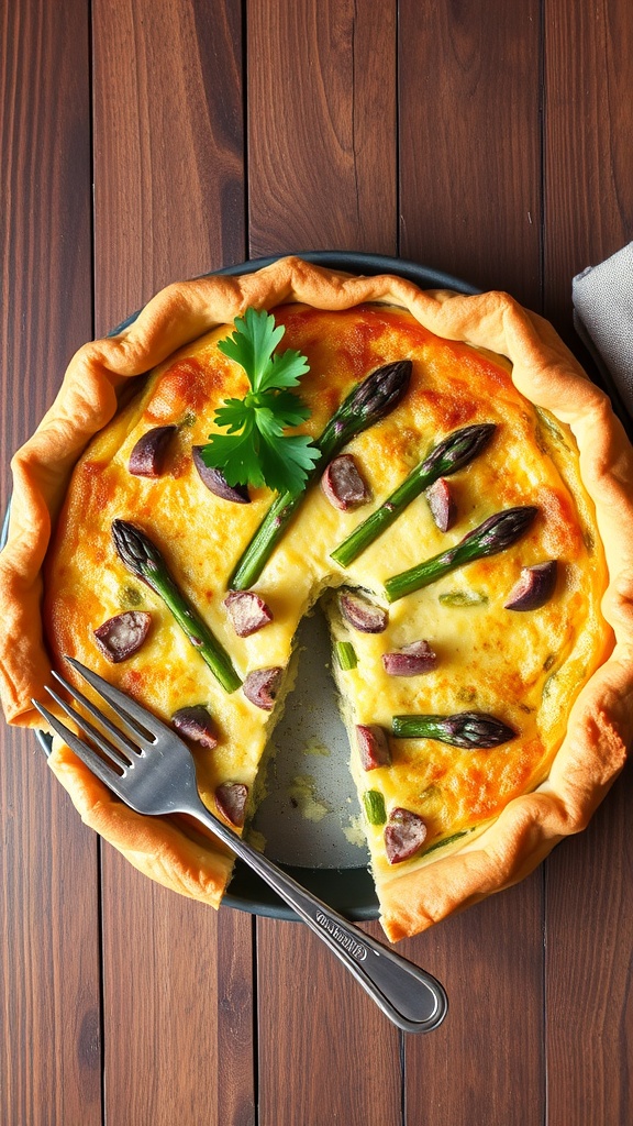 A savory asparagus and ham quiche with a flaky crust, garnished with parsley, served on a rustic wooden table.